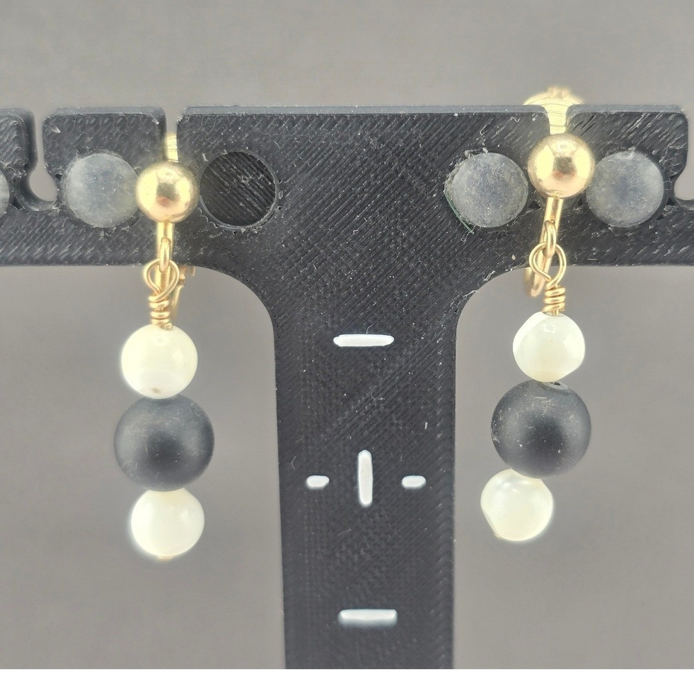 Vintage Estate Clip On Dangle Earrings Gold FIlled Black White Triple Bead 1.5in